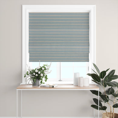 Soft sky blue striped curtain fabric, perfect for contemporary window treatments.