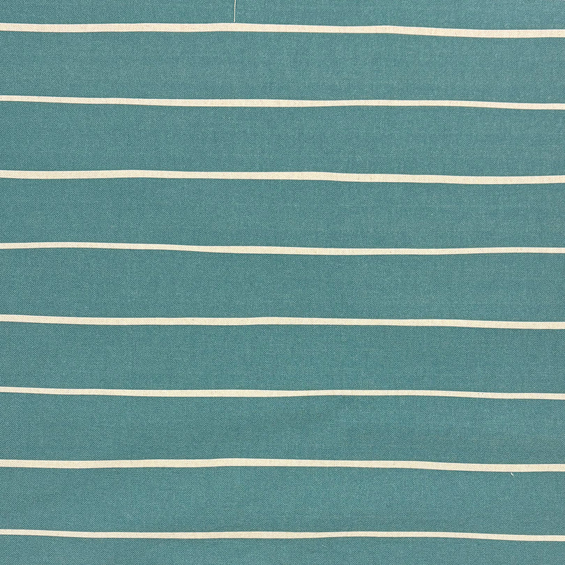 Teal striped curtain fabric with deep blue-green tones and refined white stripes