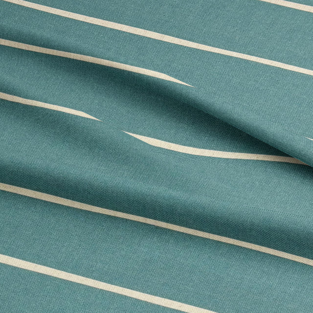 Close-up of teal striped curtain fabric with a rich, woven texture.