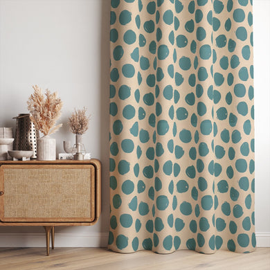 Arno Spot Teal fabric, a modern printed curtain fabric with a bold spotted design.