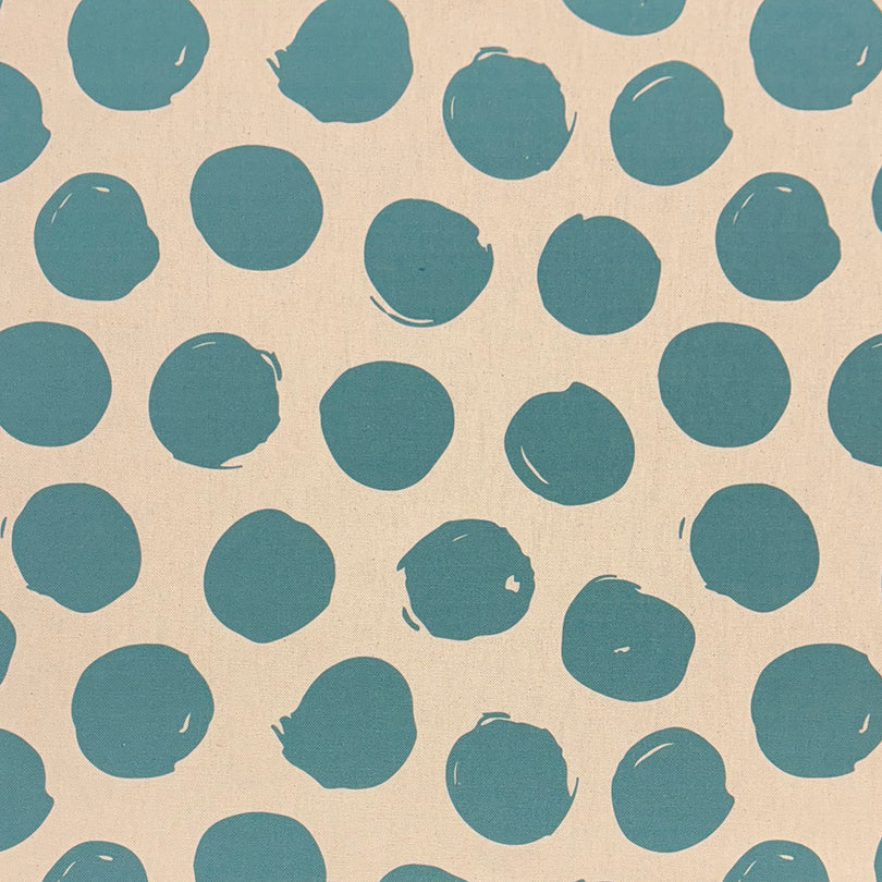 Arno Spot Teal curtain fabric, a vibrant blue-green polka dot print for contemporary home styling.