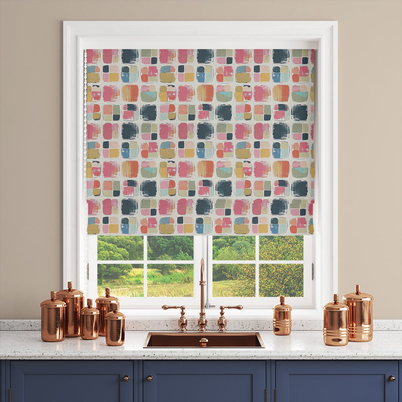 Vibrant multicoloured curtain fabric with an abstract block pattern.