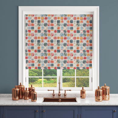 Bright and artistic multicoloured curtain fabric in a contemporary geometric print.