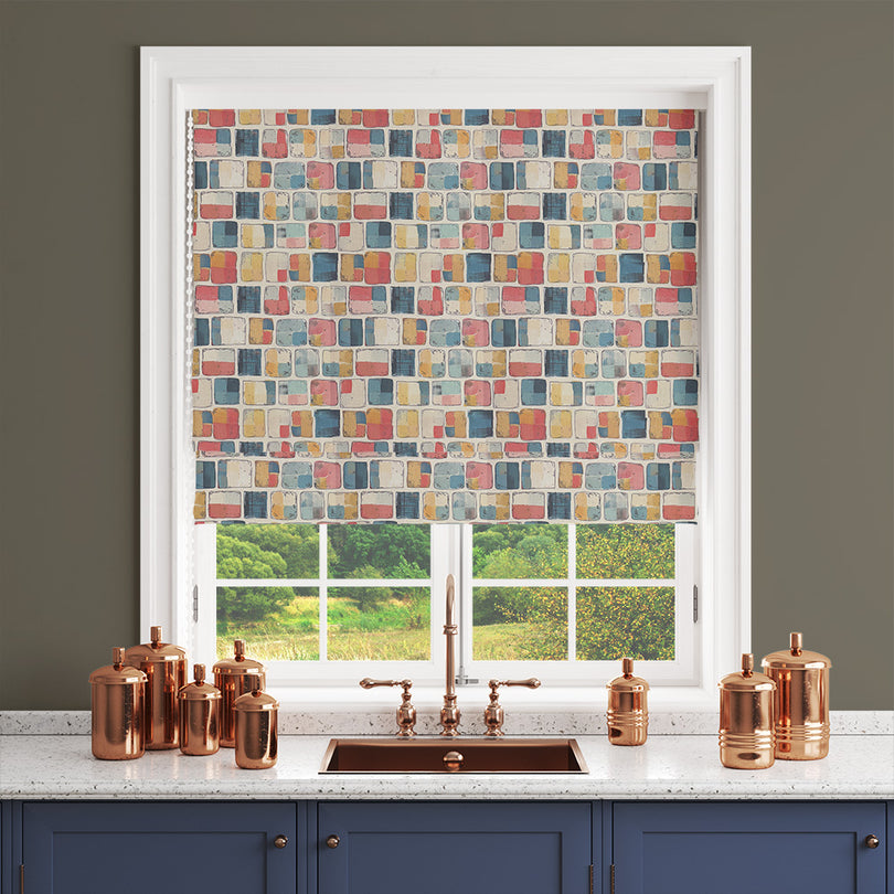  Eye-catching multicoloured curtain fabric featuring an abstract square pattern.