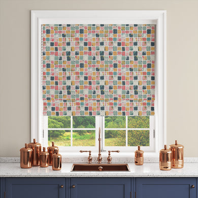 Contemporary multicoloured curtain fabric with an artistic and dynamic pattern.