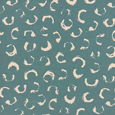 Teal printed upholstery fabric featuring an abstract artistic pattern, designed for stylish, modern interior décor and soft furnishings.