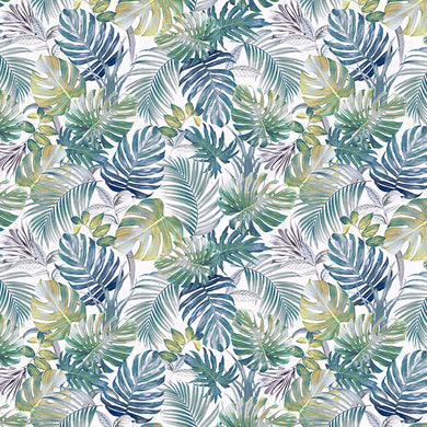 Fibre Naturelle Boquete palm leaves fabric in blue green for curtains