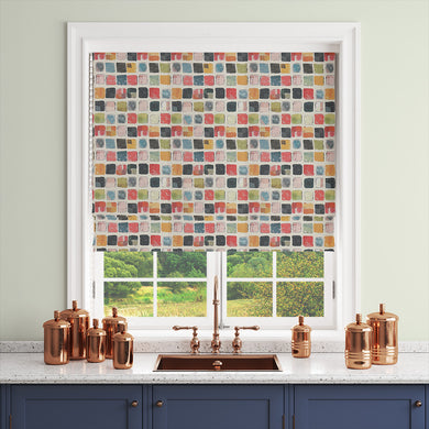 Feltham multicoloured curtain fabric with bold painterly squares in an artistic design.