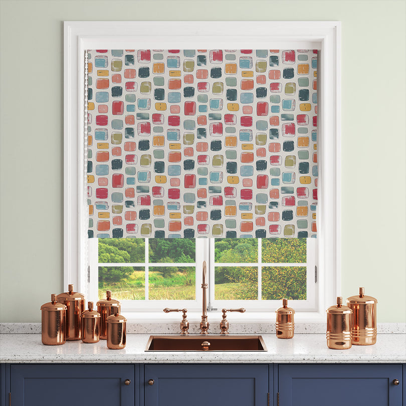 Finsbury vibrant multicoloured curtain fabric blind with modern square design.