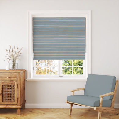 Gravina Sky striped fabric used as a curtain, perfect for modern and minimalistic spaces.