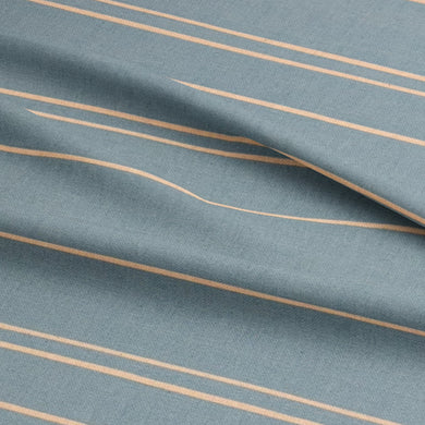 Textured close-up of Gravina Sky striped fabric, showcasing its fine stripe design and natural weave.