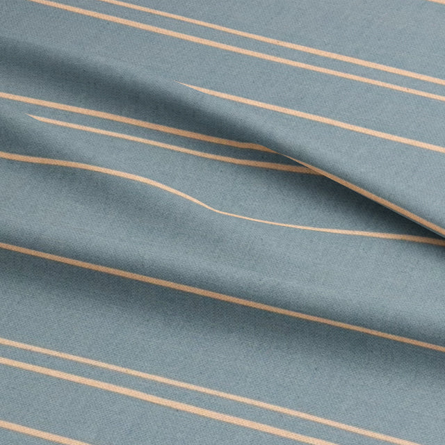 Textured close-up of Gravina Sky striped fabric, showcasing its fine stripe design and natural weave.