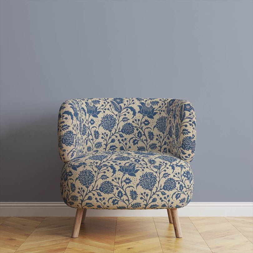 Madhya Blue - Floral Crewel Upholstery Fabric For Chairs 