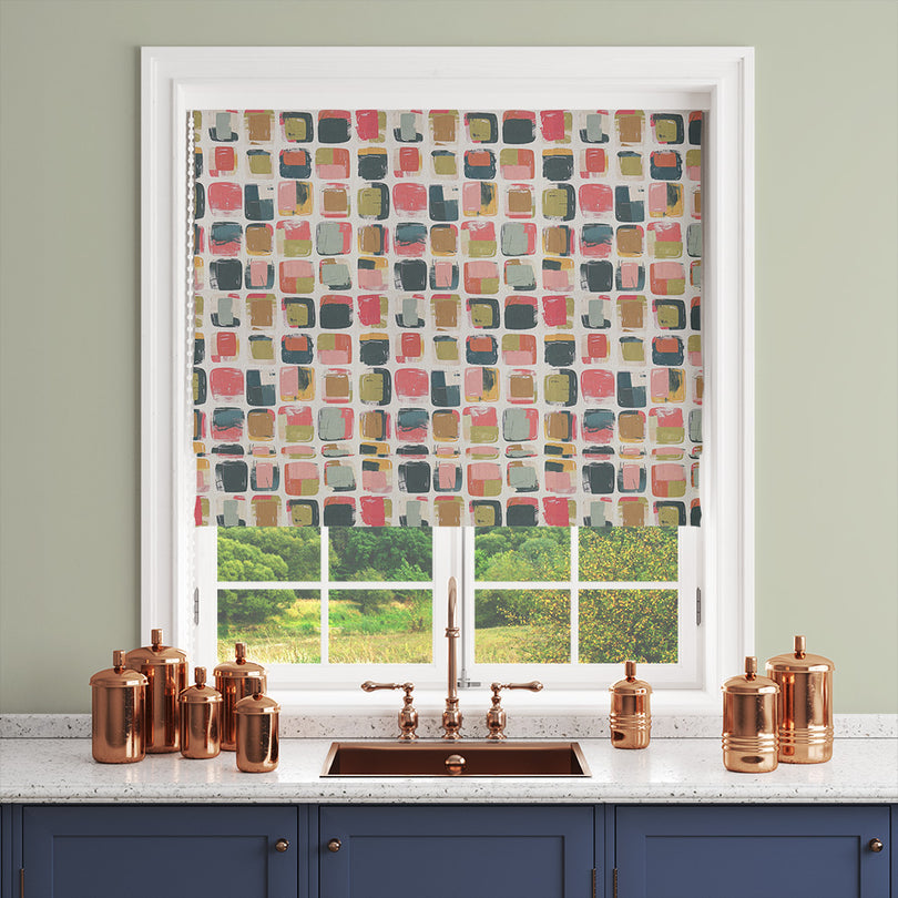 Contemporary multicoloured curtain fabric blind with an artistic grid design.