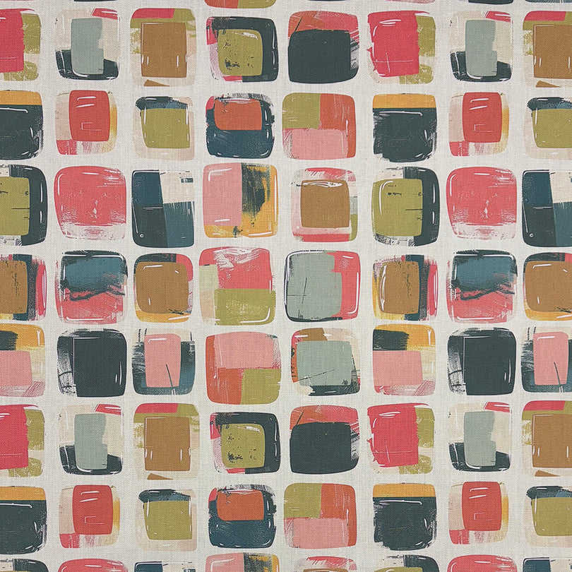 Multicoloured cotton fabric with abstract squares in a bold palette for curtains.