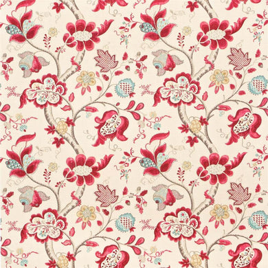 Sanderson Berry Slate floral curtain fabric with vibrant red, blue, and cream design.