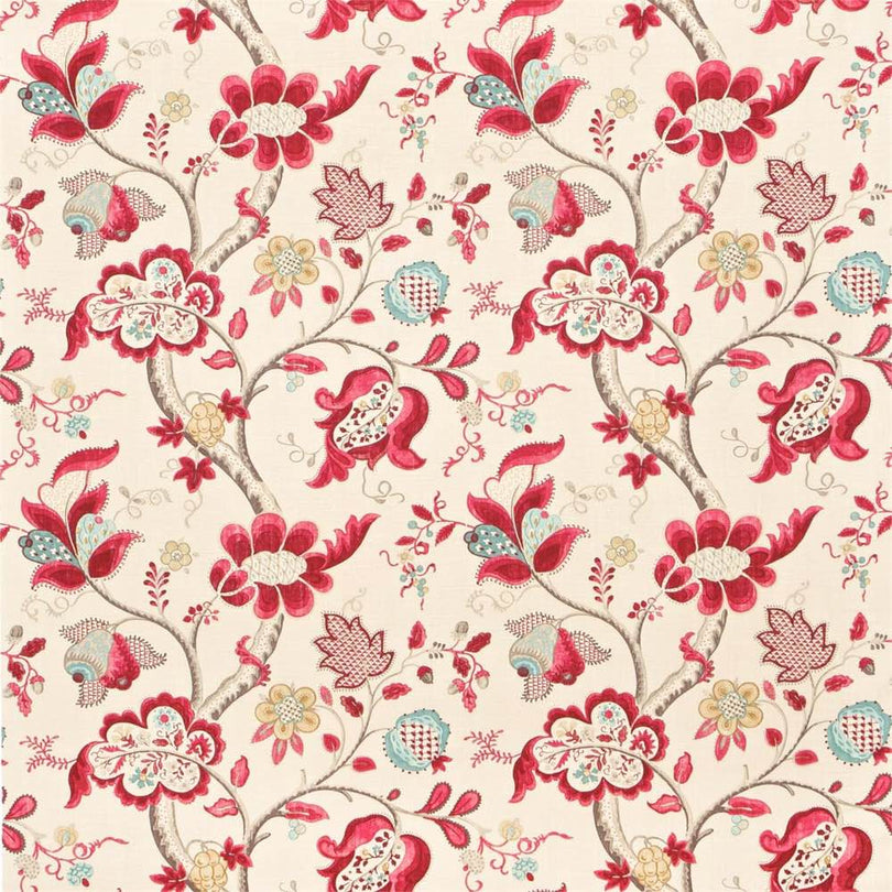 Sanderson Berry Slate floral curtain fabric with vibrant red, blue, and cream design.