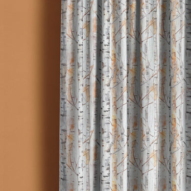 Silver Birch Amber - Autumnal Tree Printed Linen Curtain Fabric 