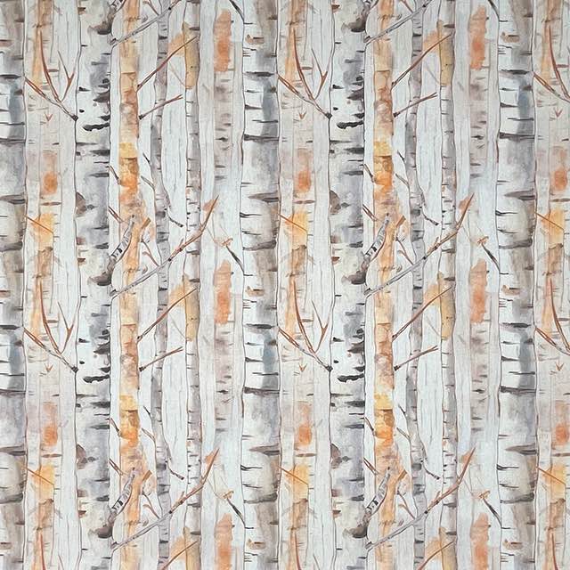 Silver Birch Amber - Autumnal Tree Printed Curtain Fabric 