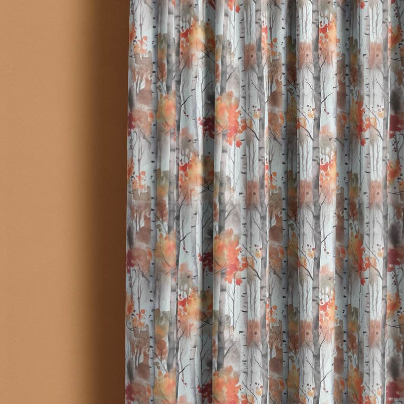 Silver Birch Flame - Autumnal Tree Printed Linen Curtain Fabric 