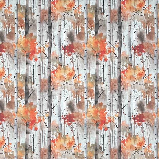 Silver Birch Flame - Autumnal Tree Printed Curtain Fabric 