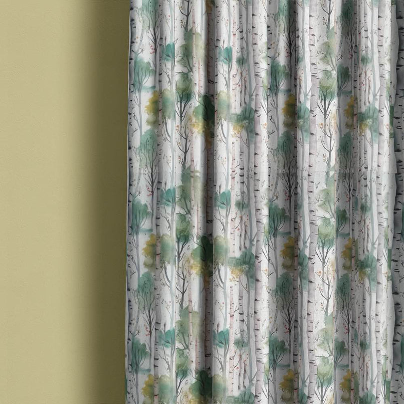 Silver Birch Green - Autumnal Tree Printed Linen Curtain Fabric 