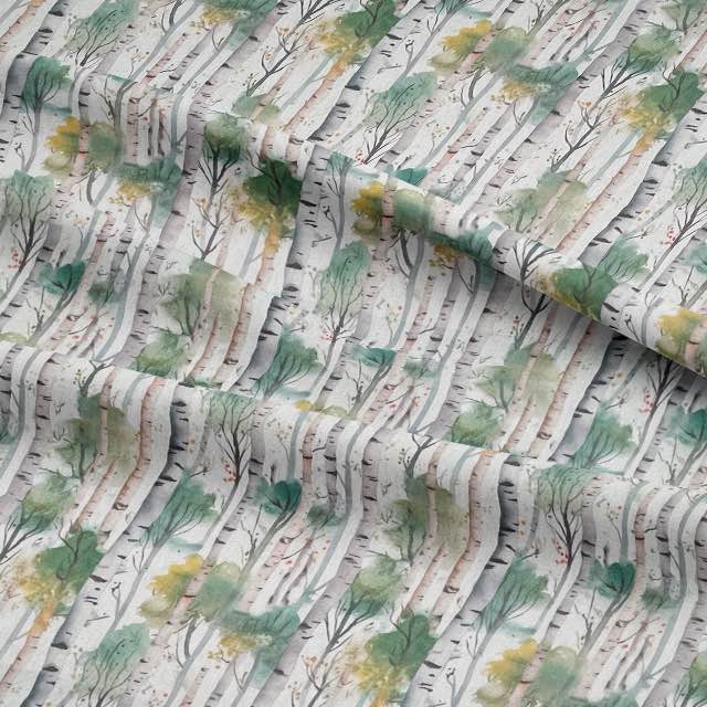 Silver Birch Green - Autumnal Tree Printed Curtain Fabric For Sale