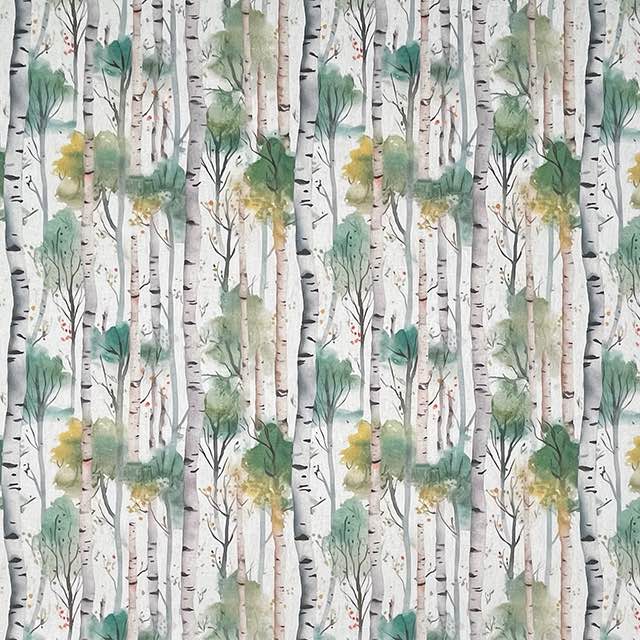 Silver Birch Green - Autumnal Tree Printed Curtain Fabric 