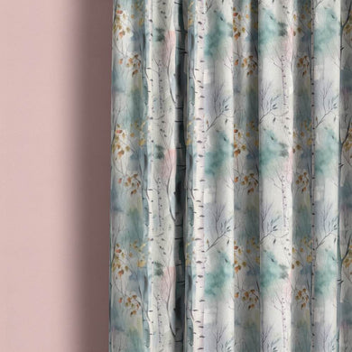 Silver Birch Jade - Autumnal Tree Printed Linen Curtain Fabric 