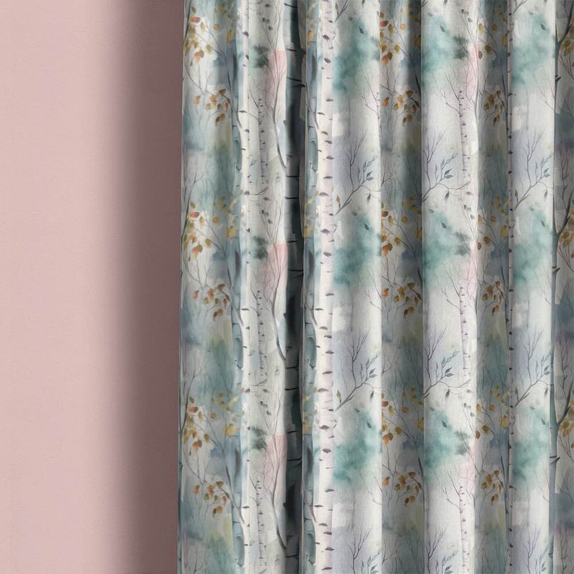 Silver Birch Jade - Autumnal Tree Printed Linen Curtain Fabric 