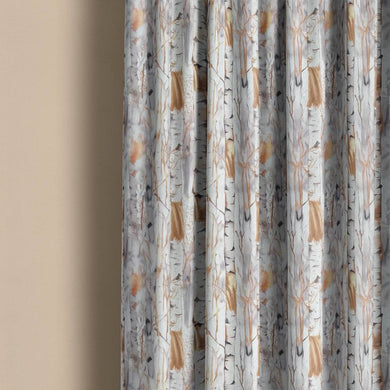 Silver Birch Straw - Autumnal Tree Printed Cotton Curtain Fabric 