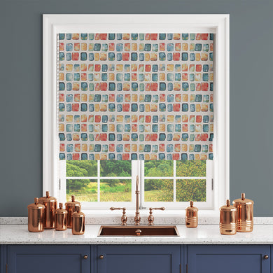 Artistic multicoloured curtain fabric blind with abstract painted squares.