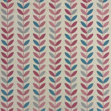 Stockholm Leaf Aqua Cerise upholstery fabric – heavy-duty printed fabric for sofas and chairs.