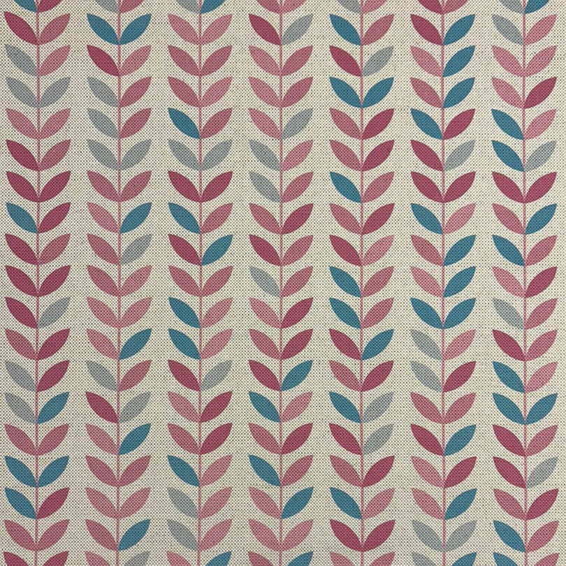 Stockholm Leaf Aqua Cerise upholstery fabric – heavy-duty printed fabric for sofas and chairs.