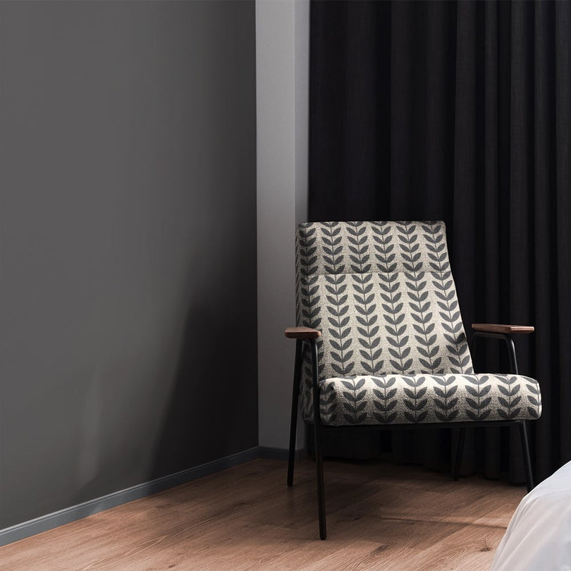 Stockholm Leaf Black fabric – modern printed upholstery fabric for stylish interiors.