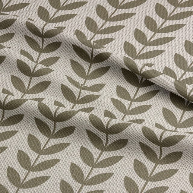 Olive heavy-duty upholstery fabric – modern leaf pattern for upholstery projects.