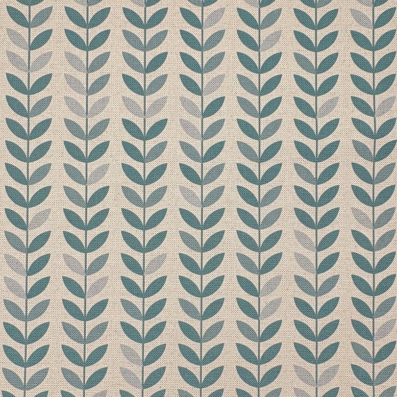 Stockholm Leaf Teal upholstery fabric – vibrant printed fabric for sofas and chairs.