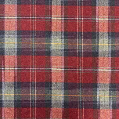 Strathmore Tartan Wool Fabric, featuring a bold plaid design in red, navy, and gold tones, perfect for upholstery and interiors.