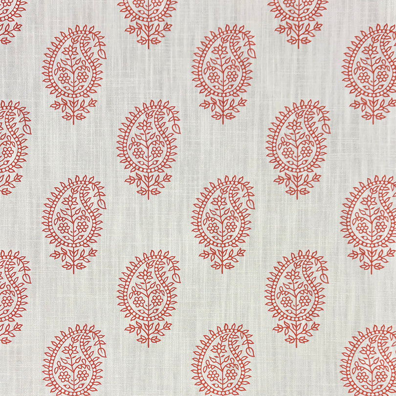 Teardrop Paisley Linen curtain fabric with intricate henna-red paisley pattern on a natural linen background.