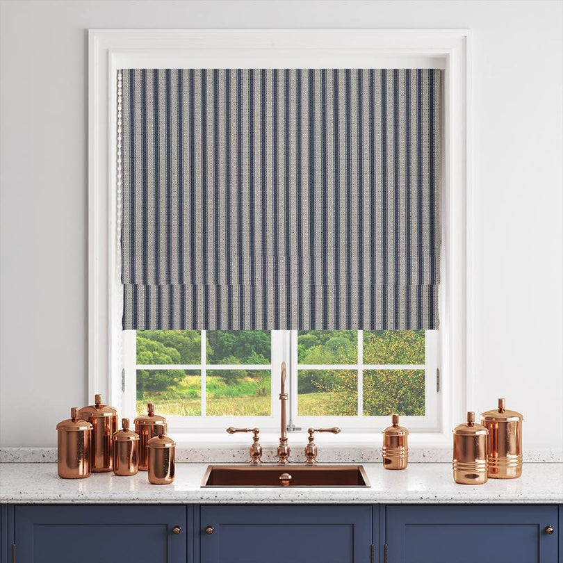 Tetbury Indigo - Printed Ticking Curtain Fabric