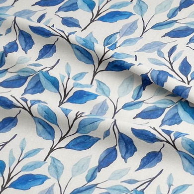 Verdure Blue - Leaf Pattern Linen Curtain Fabric