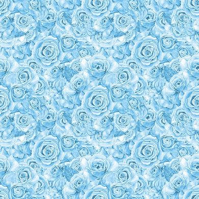 Roses Bouquet Cotton Curtain Fabric - Blue floral pattern drapery material in vibrant blue color