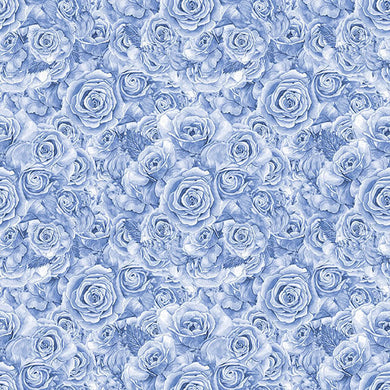 Roses Bouquet Cotton Curtain Fabric in Sapphire Blue