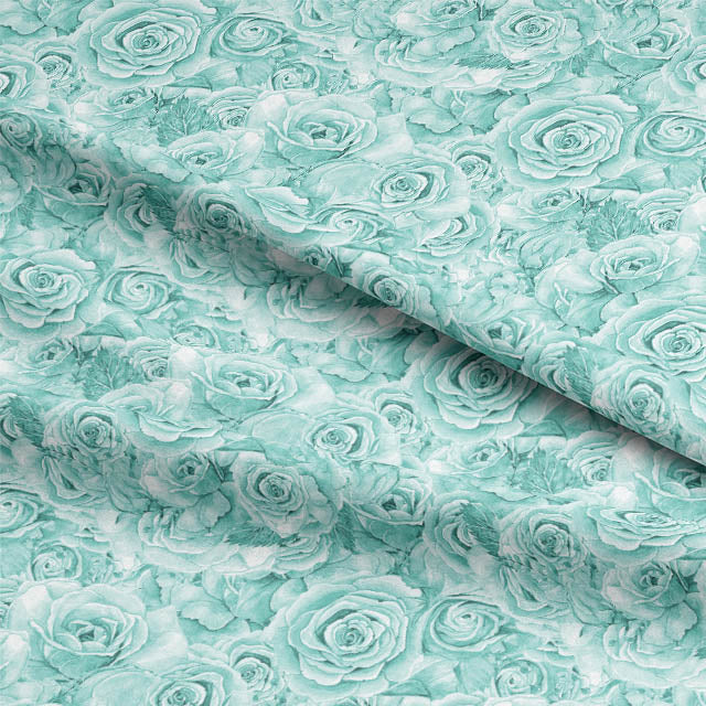 Beautiful sea green curtain fabric with a delicate rose bouquet pattern